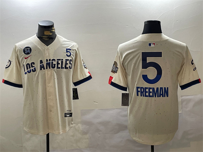 Men's Los Angeles Dodgers #5 Freddie Freeman Cream 2024 World Series With Fernando Memorial Patch City Connect Limited Stitched Baseball Jersey Men's Los Angeles Dodgers #5 Freddie Freeman Cream 2024 World Series With Fernando Memorial Patch City Connect Limited Stitched Baseball Jersey